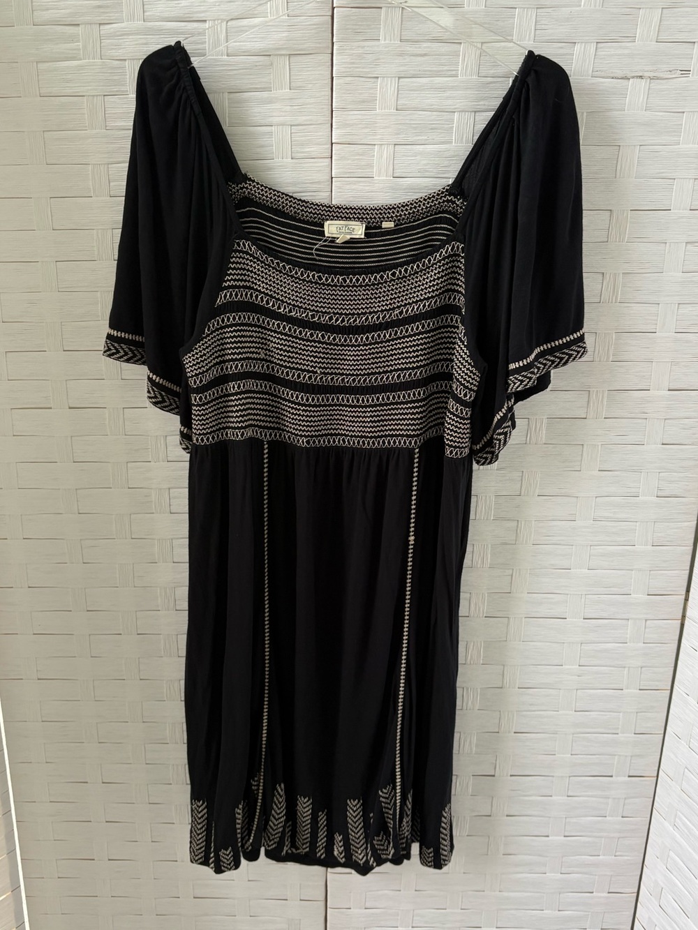 Fat Face Sz10 Black Dress with Cream Embroidered Trim Short Sleeve Square Neck